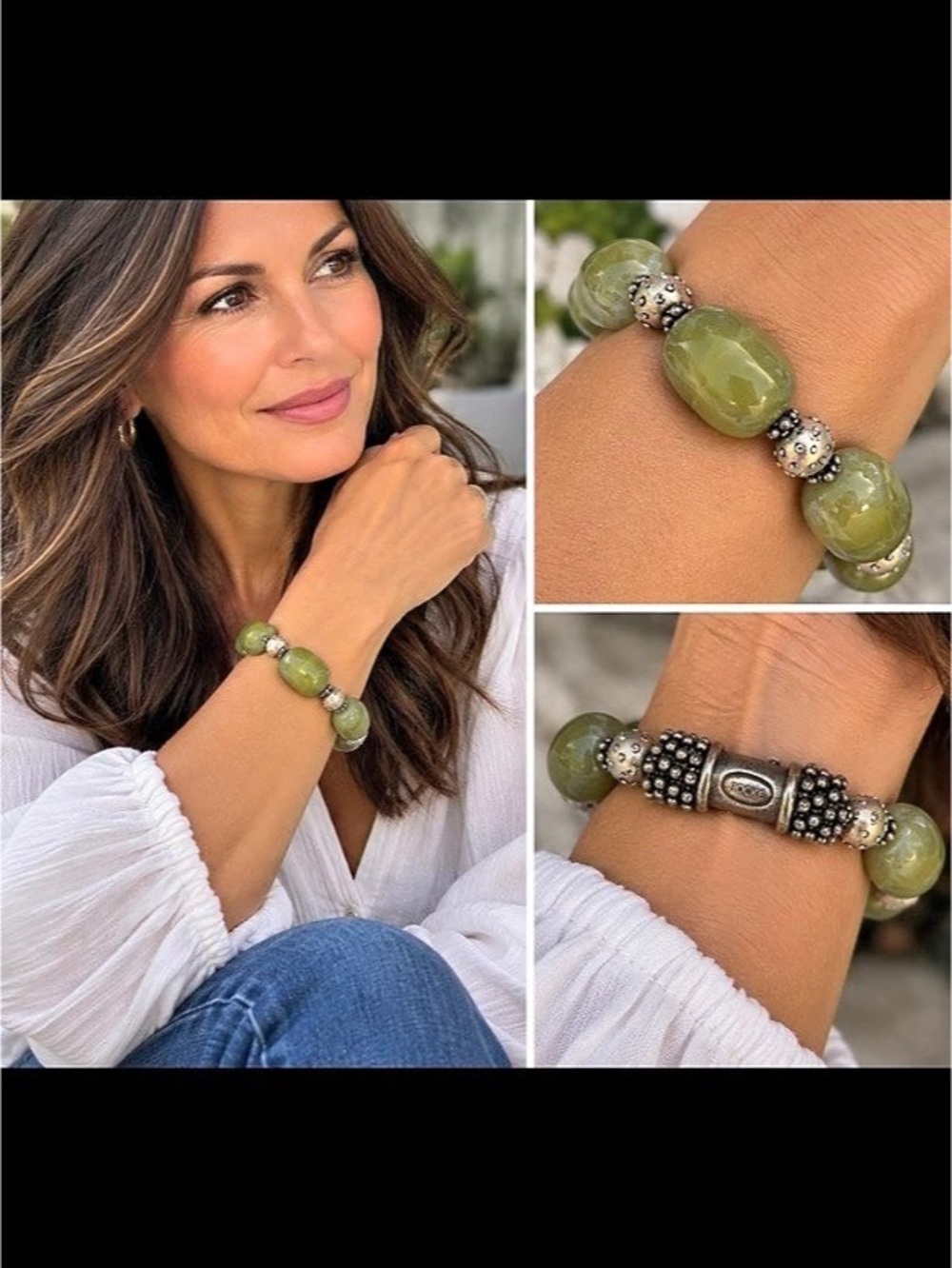 Rocki Gorman signed prehnite gemstone, heavy, antique silver statement bracelet.